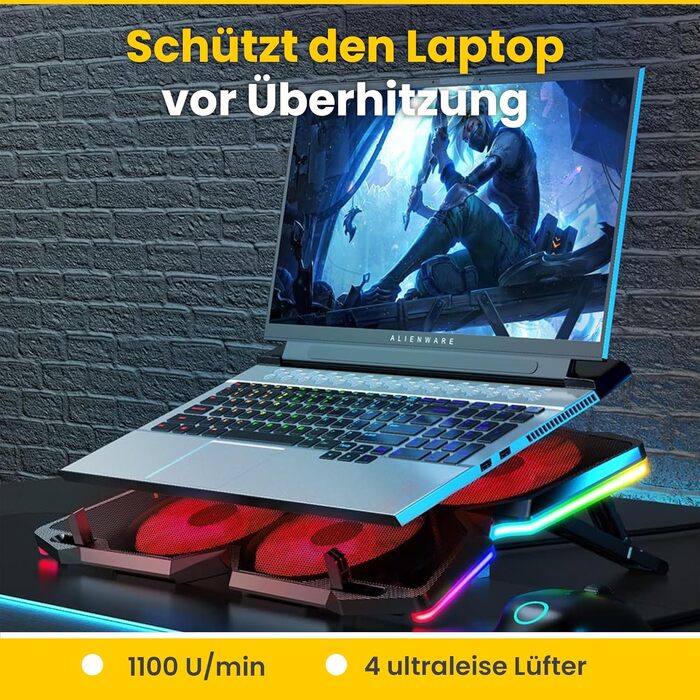 Охолоджувач для ноутбука Offgridtec K25 Pro: підставка з 4 тихими вентиляторами (1100 об/хв), 2 USB-порти, регулювання висоти, ергономічний дизайн для ігрових ноутбуків та консолей 10-17 дюймів, червоний