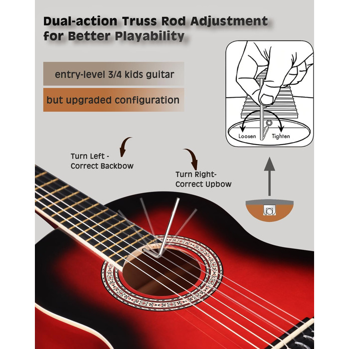Класична гітара Winzz 4/4 для дорослих та дітей (від 11 років), набір для початківців - Чорний глянцевий (39 дюймів), 3/4 - Червоний