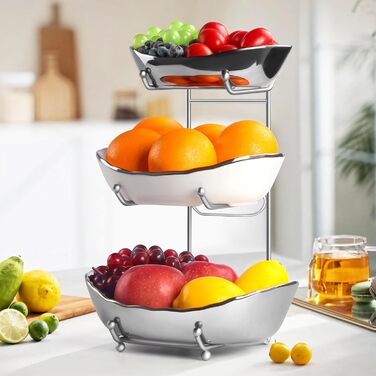Керамічна фруктова ваза OdoVow на 3 яруси з металевим підставкою, для кухні, обіднього столу, вечірок та десертів