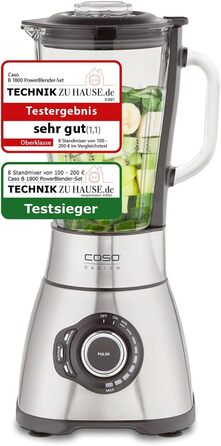 CASE B 1800 PowerBlender Set - Stand Mixer, 28,000 RPM, 1.75 L Glass Container, incl. Drinking Bottle and Chopper, Mixer Test Winner with Very Good Rating, Stainless Steel Stand Mixer + Accessories