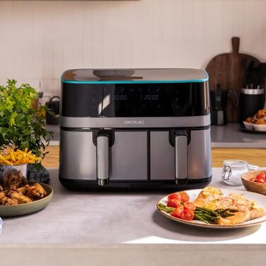 Cecotec Oil-Free Hot Air Fryer 9L Cecofry DuoSize 9000 Air Fryer. 2700W, 2 baskets with 5.5 and 3.5L, Dual temperature, touchscreen, time synchronization, 80-200ºC, 8 preset menus, Dark stainless steel, 2 baskets 5.5 and 3.5 liters