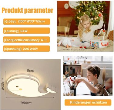LED Ceiling Lamp, Dolphin Shape, Dimmable with Remote Control, Boy Girl Baby Kids Children's Room Lamps Ceiling, Children's Room, Bedroom Lamp, Room Lighting, Chandelier, White, 50cm
