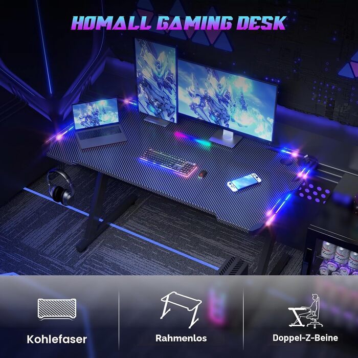 Ігровий стіл Homall 120x60 см з RGB LED-підсвіткою та підстаканником, чорний