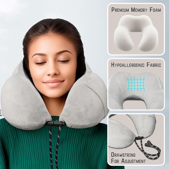 Подушка для шиї у подорожах: автомобільна, для літака, з піною з пам'яті та м'яким велюровим чохлом. Подушка-вишенка для дорослих, для подорожей, кемпінгу, офісу та дому (Сірий, бавовна)