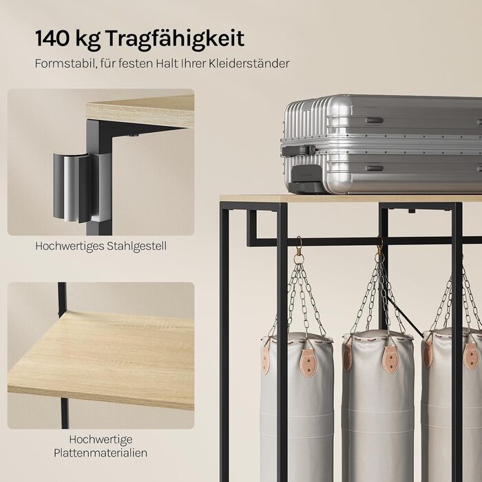Вільна вішалка для одягу WOLTU з полицею, для спальні/коридору, стабільна, з дерева та металу, білий + світлий дуб (чорний + світлий дуб)