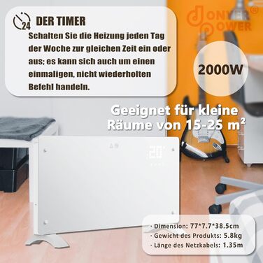 Конвектор DONYER POWER 2000W з Wi-Fi, білий, настінний/підлоговий, таймер, пульт керування, скляна панель