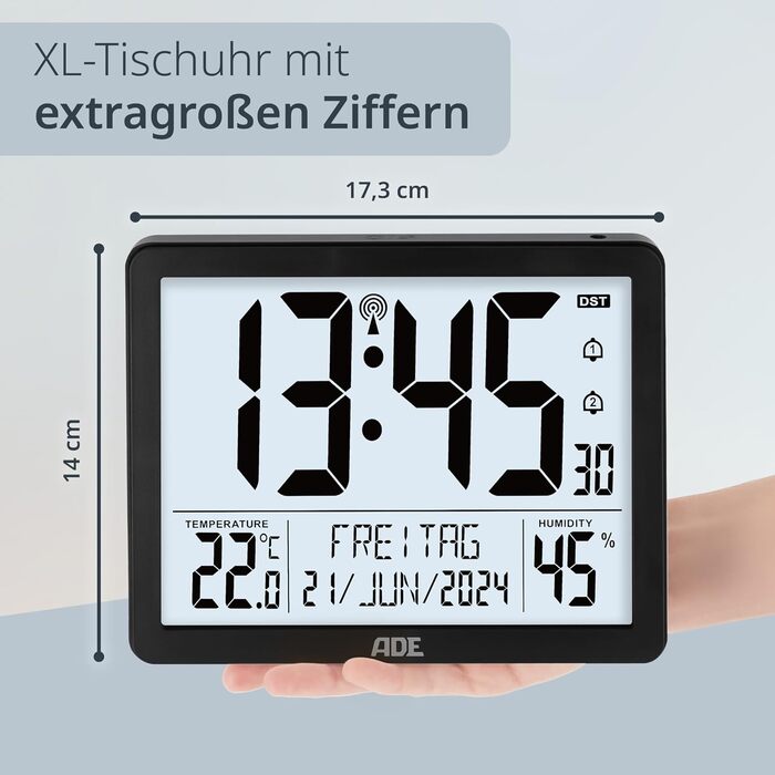 Digital XL Radio Clock with Very Large Numbers | Alarm Clock with 2 Alarm Times and Backlight | Thermometer Hygrometer | Slim Frame Made of Real Wood (Black)