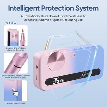 Електричний апарат для манікюру та педикюру з 15 насадками та 30 шліфувальними стрічками. Регулювання 0-35000 об/хв. Портативний.