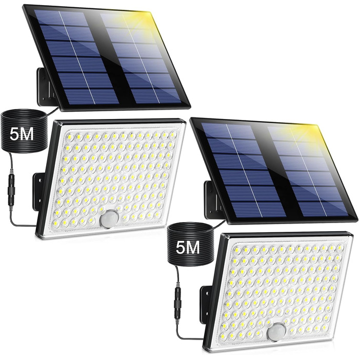 Solar Lights for Outdoors, Solar Light with Motion Sensor, 113 LED Solar Spotlight IP65 Waterproof Solar Split Wall Light with 5m Cable for Garage, Garden, Yard, Steps, Doorways, Lawn - 2 Pack