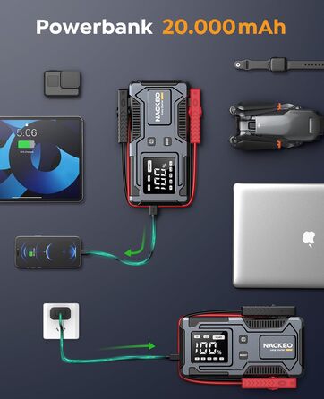 Powerbank Starthilfe 6000A: Зарядний пристрій для автомобіля 12V з кабелем, LED-лампа та дисплеєм (до 9L бензин, 7L дизель) - для SUV, мотоциклів, газонокосарок