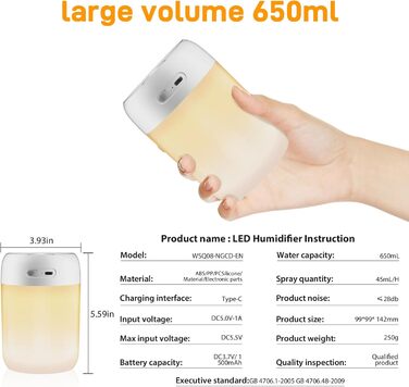 Зволожувач повітря для спальні та кімнати дитини, компактний, тихий, бездротовий, 650 мл, білий