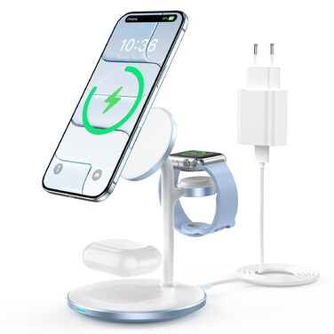 База для бездротової зарядки 3-в-1: iPhone, iWatch, AirPods, 15W, MagSafe, фіолетовий (світло-блакитний)