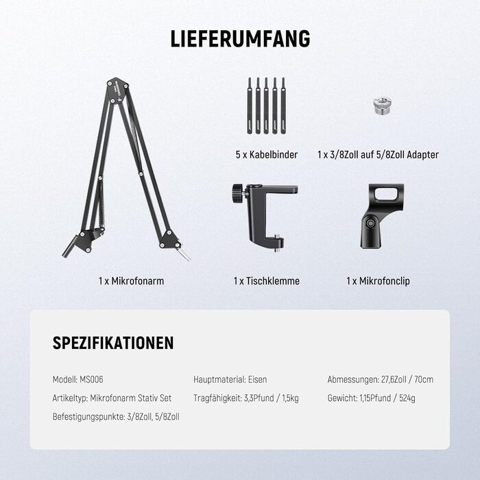 Кріплення для мікрофону Neewer MS006 – Шарнірний мікрофонний стійка з кріпленням 3/8' - 5/8' для Blue Yeti, Snowball, Quadcast та інших мікрофонів (до 1.5кг)