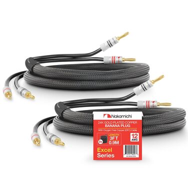 Акустичний кабель Nakamichi 12 AWG з позолоченими роз'ємами «банан» 24K, безкиснева мідь (OFC), у захисному обплетенні, сертифікація CL2, 3 метра, чорний (2 шт.)
