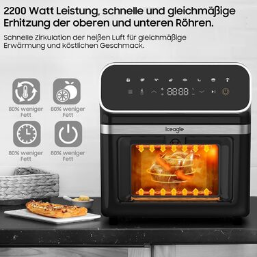 iceagle Hot Air Fryer 6.7 L Airfryer XXL - Air Fryer Without Oil | 2200W Hot Air Fryer with 8 Cooking Programs, Digital Display, with German Recipe Book