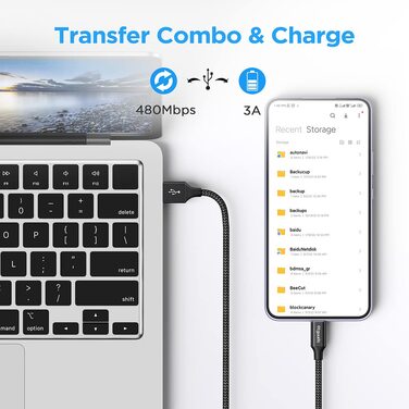 Кабель USB-C 30см [2 шт], білий: USB-A на USB-C, швидка зарядка, нейлон, сумісний з iPhone, Samsung Galaxy