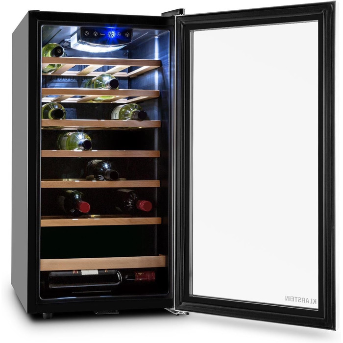Витримання вина Klarstein Vivo Wine 26 - винний льох на 26 пляшок, 88 л, LED, регулювання температури, мінливий петельний механізм, двері з обох сторін, нержавіюча сталь, сріблястий колір