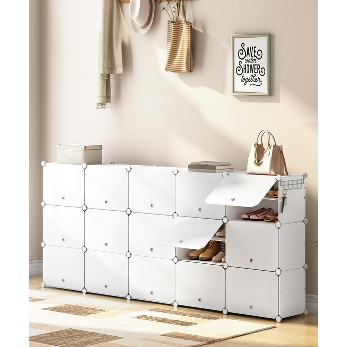 HOOBRO 8-Tier Shoe Rack, Shoe Cabinet, for 32 pairs of shoes, 40 x 30 x 30 cm per compartment, narrow, with doors, plastic, for living room, bedroom, hallway, entrance, White EWT28SC01G1 (16 compartments, 160 x 30 x 120 cm), White)