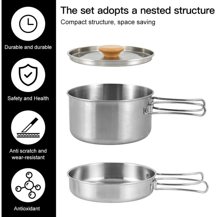 Набір кухонного посуду для кемпінгу Udbrud: нержавіючий посуд з кришкою та складним ручками. Набір для кемпінгу, пікніків, риболовлі та походів