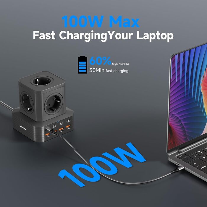 Мережевий фільтр з USB-портами Power Tower - зарядний станція для дому, офісу та студентів. 5 розеток AC, 8 USB (4 USB-C), 2м кабелю, захист від перевантаження