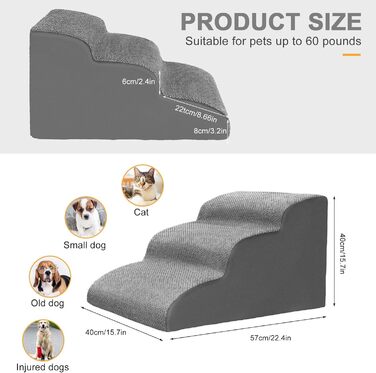 Dog stairs for small dogs, 3 steps pet stairs, cat stairs, sponge dog ramp for sofa bed, dog steps with removable cover, washable pet ladder, lint roller included, grey
