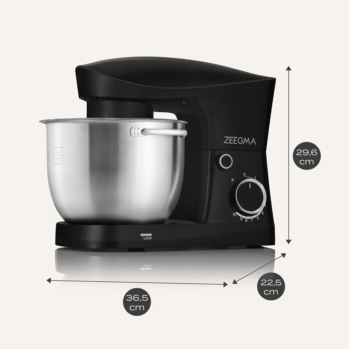 Кухонний комбайн ZEEGMA PLANEET EASY 1500W, 5.2 л, 10 швидкостей, з набором насадок (міксер, гачок, вінчик), чорний