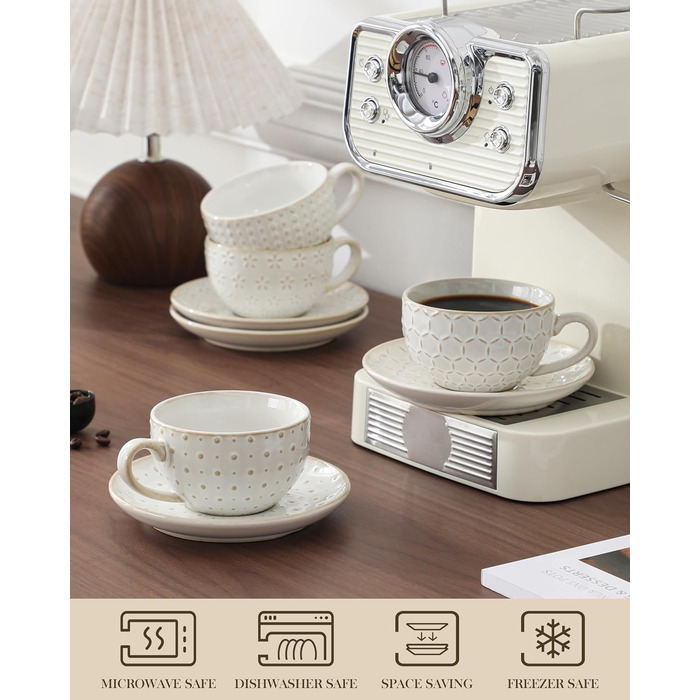 Набір кавових чашок MALACASA з блюдцем, 8 шт., для 4 особи, з рельєфом, 180 мл, кераміка, бежевий