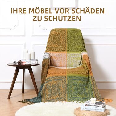 HOORDRY Chenille Woven Throw Blanket 220x260CM, Sofa Throw Blanket Overthrow Blanket for Couch Bed Sofa Chair, Double-Sided Boho Blanket with Tassels, Cozy Soft Couch Blanket Reversible Blanket, Green/Yellow Green 220 x 260 cm