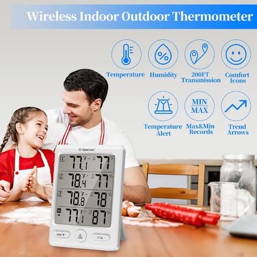 Geevon Indoor/Outdoor Thermometer with 3 Sensors, Thermometer Hygrometer Humidity Digital, Temperature and Humidity Meter with 60M/200FT Range