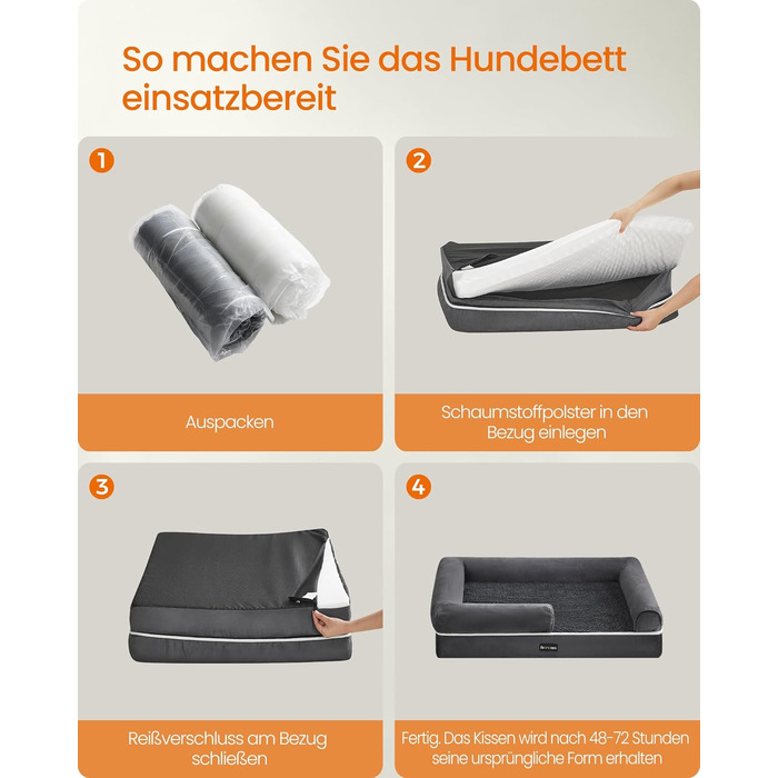 Feandrea Orthopedic Dog Bed, Dog Cushion, Dog Basket, Soft Padding, Dog Sofa, Raised Edges, Removable and Washable Cover, 91 x 71 x 20 cm, Non-Slip Bottom, Dark Grey PGW076G01