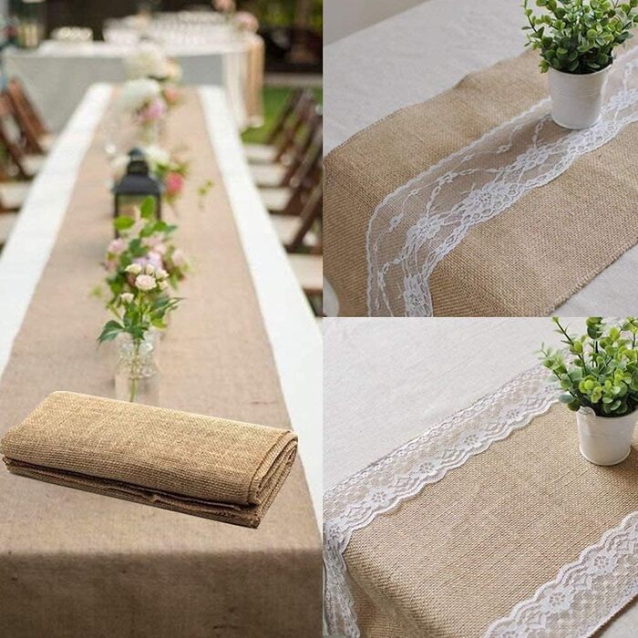 BIT.FLY Jute Table Runner with Lace - 5 Pack 30 x 275cm Table Runner Wedding Decoration Table Band made of Natural Linen for Weddings, Dinners, Parties, Table Decorations