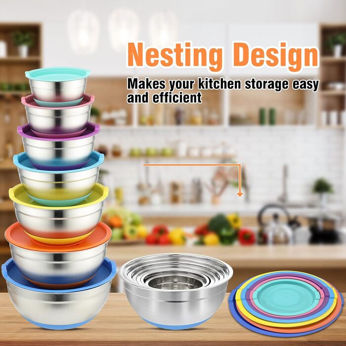 Набір місок для перемішування BEWOS 7 шт. з кришкою, нержавіюча сталь, набір місок з терткою, вкладна конструкція, кольорові нековзні дна, об'єм 4.3, 3.8, 3.3, 2, 1.4, 1, 0.7 л для змішування та подачі