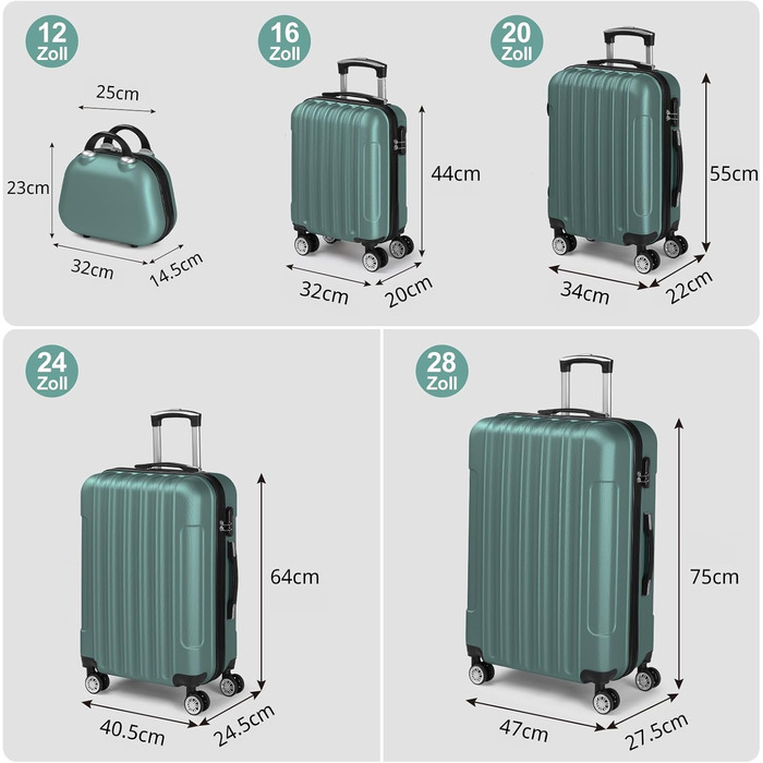 Набір валіз LEADZM 5 шт. з косметичкою, жорсткий ролер ABS з телескопічною ручкою, ручна поклажа (Турквіс)