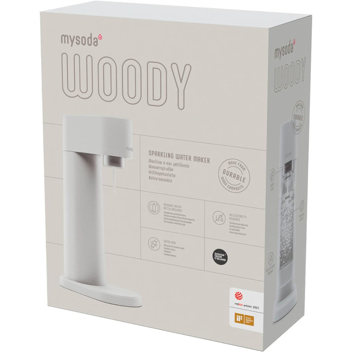 MySoda: Набір Woody - Газована вода з дерев'яного композиту, BPA-free пляшка Quick-Lock та CO2 балон (Білий)