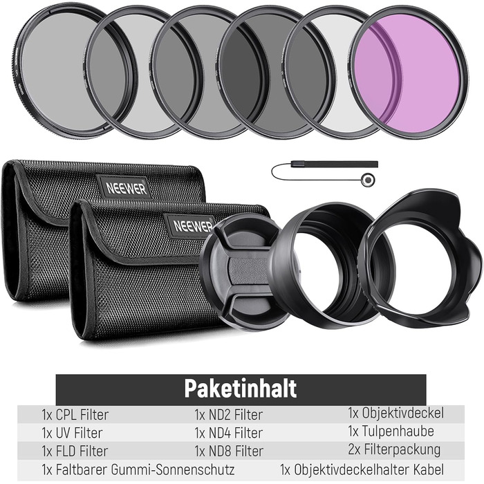 NEEWER Набір фільтрів ND 46mm (ND2, ND4, ND8, UV, FLD, CPL) + Кришка об'єктива