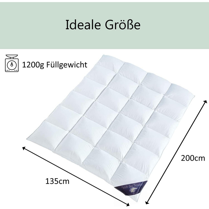 World of Dreams Down Comforter | 135x200 cm, 1200 g | FREE Down Pillow 80x80, 900 g | 100% Cotton | Down Comforter 135x200 | Live-plucking free | All-season comforter
