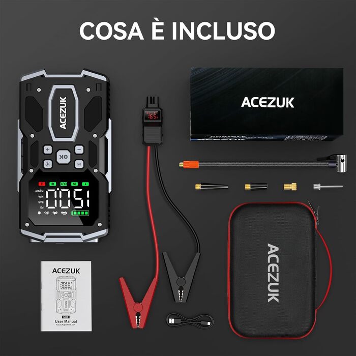 Портативний пусковий пристрій для автомобіля з повітряним компресором 8000A/150PSI (12V, для бензинових та дизельних двигунів) з LCD-дисплеєм M03