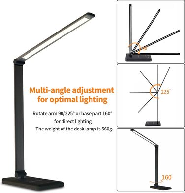 LED лампа настільна LQWELL® з регулюванням яскравості, металева, 5 кольорів, 10 рівнів яскравості, USB-зарядка, сенсорне управління, пам'ять, для дітей, чорна, QM019