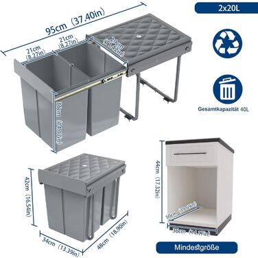 Вбудований контейнер для сміття HENGMEI, сірий, 2x20L (висувний, для кухні)