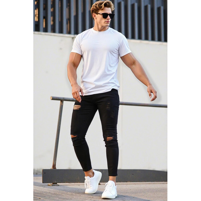 Чоловічі рвані джинси GINGTTO Skinny Stretch Denim Slim Fit, чорні, 32W/30L