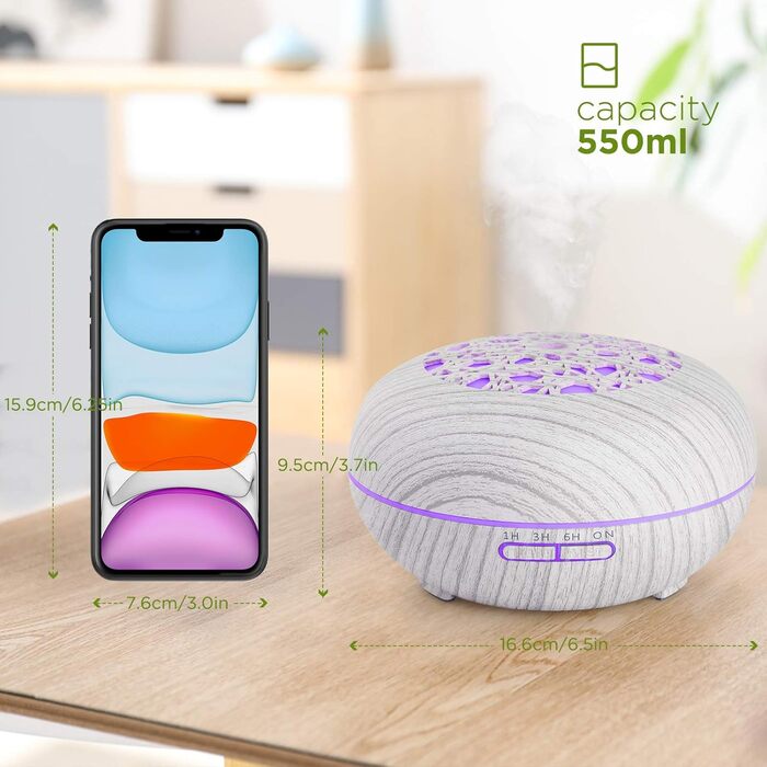 Аромадифузор WD&CD 550 мл з пультом керування, ультразвуковий зволожувач повітря, дифузор для ефірних олій, 7 кольорів LED, автоматичне відключення, білий