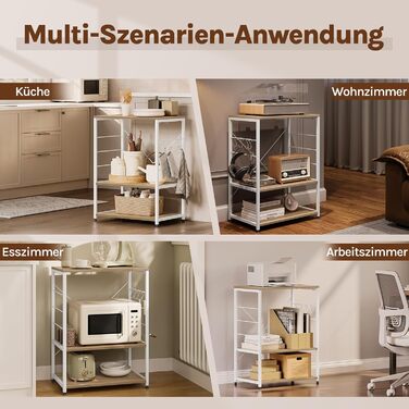 WOLTU Kitchen Shelf, Freestanding Shelf, Microwave Holder, Baker's Rack, Metal Shelf with Wood and Steel, with 3 Shelves, approx. 60 x 40 x 82 cm, White + Light Oak