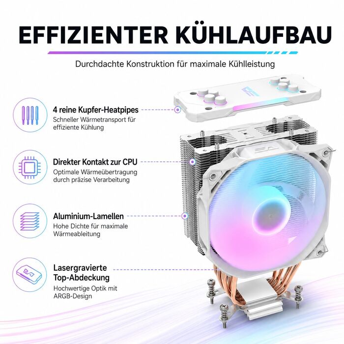Кулер для процесора darkFlash Z4Pro Mist, 120 мм, TDP 200W, 4 теплові трубки, ARGB PWM, білий (Intel LGA115x/12xx/17xx, AMD AM4/AM5)