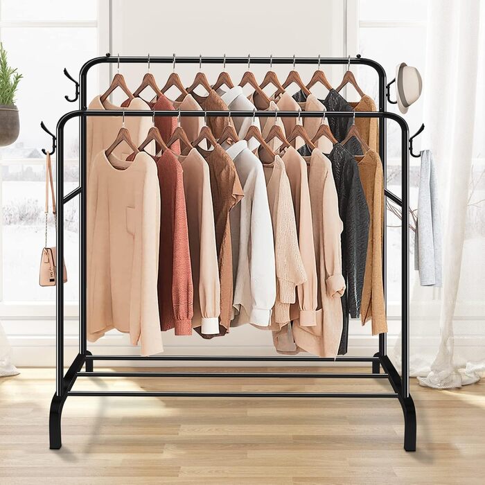 Metal Clothes Rack Clothes Stand Stable, Double Rod Durable with 1 Tier Shelf and 4 Side Hooks, Freestanding Clothes Rack, Multi-Purpose Organizer, Bedroom, Black