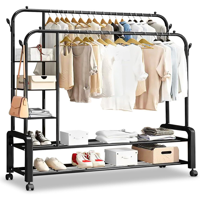 Clothes rack, clothes rod, rolling clothes rack, rolling clothes rod, stable clothes rack, black clothes rack, clothes rack with wheels and two clothes rods (Black)