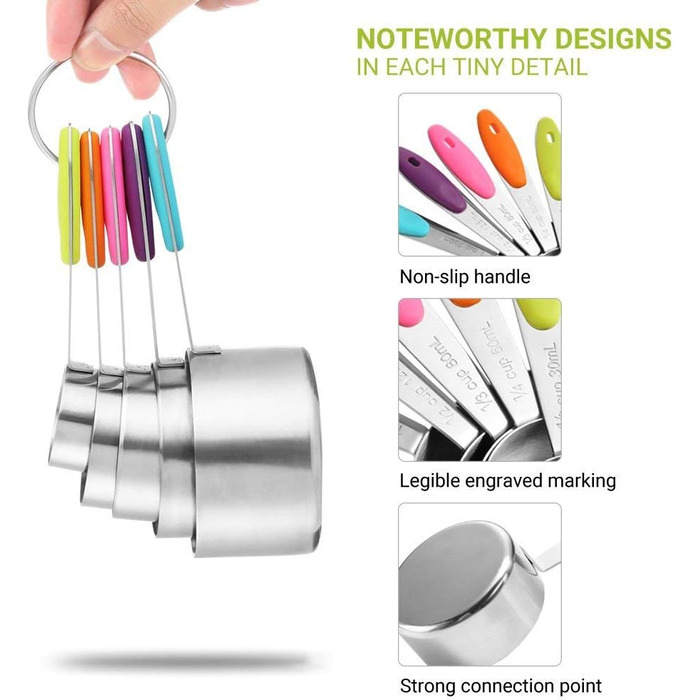 Набір мірних ложок Xingxinrong з нержавіючої сталі (5 мірних ложок + 1 ложка) з силіконовою ручкою, з гравіюванням шкали (US та міжнародна), придатний для миття в посудомийній машині, для приготування та випічки, кухонний аксесуар