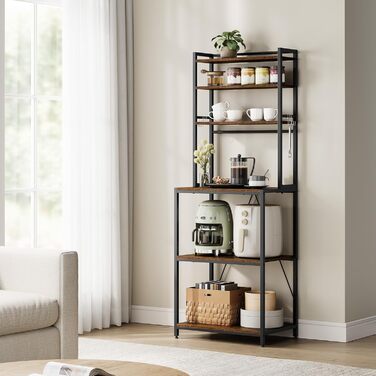 Стелаж кухонний Woltu з 6 полицями, з гачками, з металу та інженерної деревини, 60 x 167 x 40 см, рустичний коричнево-чорний