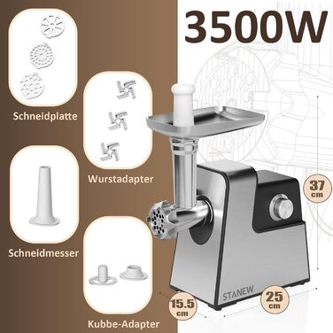 М'ясорубка електрична STANEW 4-в-1, 3500 Вт, 3 диски з нержавіючої сталі (4/8 мм, решітка), насадка для ковбас