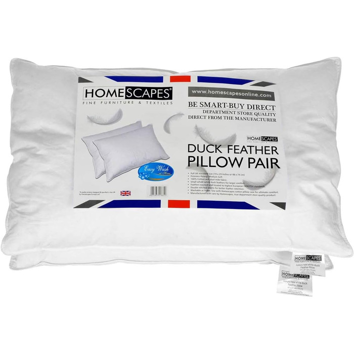 Homescapes Pillow Pair, 2 medium-firm feather pillows 48 x 74 cm set, natural sleeping pillow with 100% duck feather filling, Responsible Down Standard and Oeko-Tex certified pillow