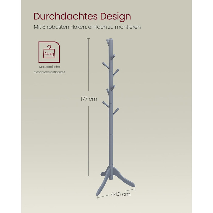 VASAGLE Coat Rack, Solid Wood Clothes Rack, Coat Stand with 8 Hooks, Tree Shape, 3 Adjustable Heights, for Coats, Jackets, Bags, for Entryway, Bedroom, Grey RCR01GY